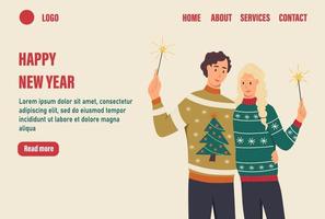 gott nytt år målsida vektor mall. älskande par i fula tröjor med tomtebloss. fira traditionella vinterevenemang webbbanner. platt vektorillustration