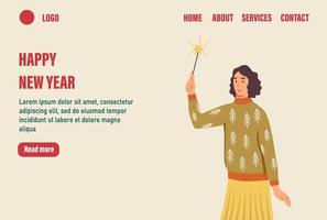 Frohes neues Jahr Zielseiten-Vektorvorlage. Frau in hässlichen Pullovern mit Wunderkerzen. Feiern Sie traditionelles Winterevent-Webbanner. flache Vektorillustration vektor