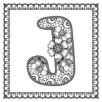 Buchstabe j aus Blumen im Mehndi-Stil. Malbuchseite. Umrisse Hand-Draw-Vektor-Illustration. vektor