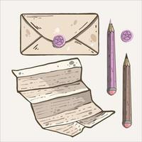 brev, kuvert, försegling och penna vintage set vektor