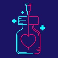 Logo Covid-19 Impfstoff Liebe Herzsymbol in Flasche und Spritzenspitze mit Kreuzsymbol, Impfkampagne Sponsor Support Konzept Design Illustration blau, rosa Farbe einzeln auf dunkelblauem Hintergrund vektor