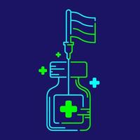 Logo Covid-19 Impfstoff Flaggensymbol auf Flasche und Spritzenspitze mit Kreuzsymbol, Impfkampagne Siegkonzept Design Illustration blau, rote Farbe einzeln auf dunkelblauem Hintergrund vektor