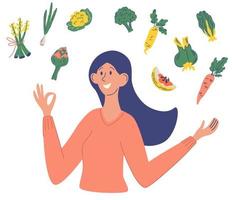 leende kvinna med grönsaker. hälsosam mat, begreppet diet, raw food diet, vegetarian. rolig ung vegan kvinna. platt tecknad vektorillustration vektor