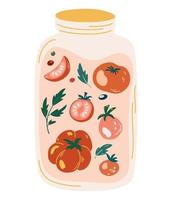 Glas eingelegte Tomaten. eingelegte Tomaten im Glas. fermentiertes Gemüse. mariniertes Gemüse in der Dose, hausgemachte Produktion voller Probiotika. Bio-Produkt. Tomaten mit Salz zerdrücken. vektor