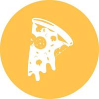 Pizzastück im Kreissymbol. Stück käsige Pfefferpizza mit geschmolzenem Käse, Pilzen, Wurst, Peperoni-Symbol. Pizza-Vektor-Illustration. Dekoration für Grußkarten, Poster, Aufnäher, Drucke.