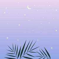 blaue und violette Landschaft mit Silhouetten von tropischen Palmenblättern, Mond und Sternen am Himmel. Hintergrundvektorillustration für Grußkarten, Poster, Naturthemen und Tapeten. vektor