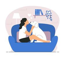 Frau umarmt ihren Hund, während sie auf dem Sofa sitzt vektor