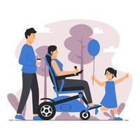 funktionshindrad kvinna sitter på elektrisk rullstol med sin familj i parken vektor
