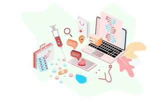 isometrische Zielseiten-Designvorlage für Online-Apotheke, Online-Medizin, medizinische Versorgung und Krankenversicherung. flache isometrische Vektorillustration für Hintergründe, Infografiken, Webbanner. vektor