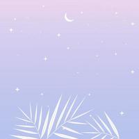 blått och lila landskap med silhuetter av tropiska palmblad, måne och stjärnor på himlen. bakgrund vektorillustration för gratulationskort, affisch, naturtema och tapeter. vektor