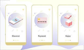 Vektorgrafik von Entdecken, Bezahlen und Genießen auf den Onboarding-App-Bildschirmen und dem Webkonzept. Schnittstelle Online-Shopping-UX, UI-GUI-Onboard-Bildschirmvorlage für Smartphones oder Website-Banner. vektor