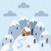 Haus in den Bergen. flacher Stil. Wintersaisonillustration für Druck-, Banner-, Hintergrund-, Gruß- und Einladungskartendekoration und -design