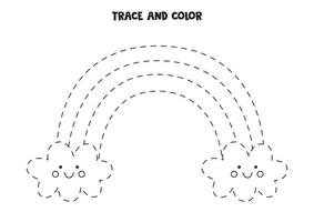 Verfolgen und färben Sie den süßen Kawaii-Regenbogen. Arbeitsblatt für Mädchen. vektor