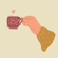 kvinna hand håller kopp te eller kaffe. handritad modern platt illustration. vektor