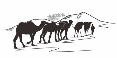 handritad av husvagn med kameler i öknen. kamel går genom öknen. husvagn som går genom sanddynerna. vektor