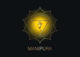 manipura, solar plexus chakra symbol. gul ang guld logotyp mall, färgglada mandala. andlig meditation element vektor illustration isolerad på svart bakgrund