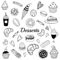 Café-Sammlung handgezeichnete Doodle-Elemente. Süßigkeiten und Bonbons eingestellt. Vektorgrafik für Hintergründe, Webdesign, Designelemente, Textildrucke, Cover, Poster, Menü vektor