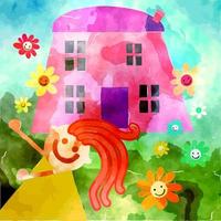 söt akvarell liten flicka och rosa hus vektor