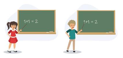 studieren, lehren, bildungskonzept. Junges Kind gibt vor, ein Lehrer zu sein, der Mathematik an der Tafel unterrichtet. flache Vektorgrafik 2D-Cartoon-Figur. vektor