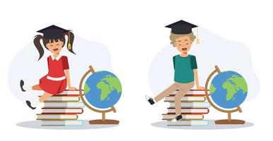 Bildungskonzept studieren, junger Student absolviert, Abschlusshut, sitzt auf einem Stapel Bücher. flache Vektorgrafik 2D-Cartoon-Figur. vektor