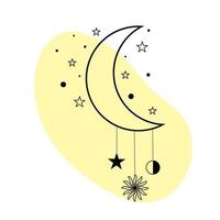 Mond mit Sternen und Sonne in Strichzeichnungen. spirituelles symbol himmlischer raum. vektor