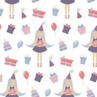 nahtloses Muster mit einem Mädchen, Geschenkboxen, Partyhut, Kuchen und Luftballons. vektor