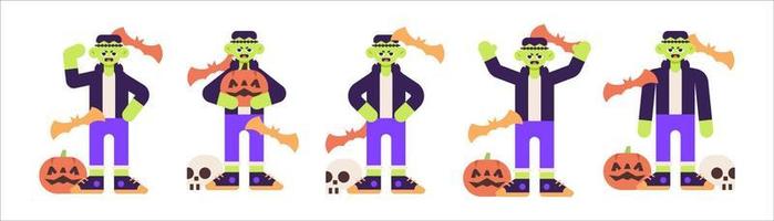 uppsättning av söt frankenstein kostym för halloween med olika pose illustration vektor