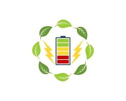 Kreisförmiges Naturblatt mit elektrischer Batterie und Blitz vektor