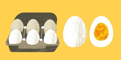 Set mit 6 frischen Eiern im Karton. ein halbes gekochtes Ei. gesundes und leckeres Essen. Vektor-Illustration auf gelbem Hintergrund. flacher Stil. vektor