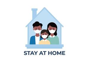 junge Eltern und Kinder bleiben zu Hause, um sich vor dem Coronavirus zu schützen. Vektorillustration in einem flachen Stil