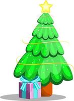 grön julgran med presentask, stil tecknad design. jul och nyår vektor