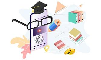 modernes, flaches, isometrisches Konzept der Online-Bildung für Banner und Website. isometrische Zielseitenvorlage. Online-Schulungen, Hochschulstudium, E-Learning-Forschung. Vektor-Illustration. vektor