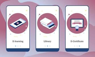 designmall för mobilapplikationer för e-lärande, bibliotek och e-certifikat. ui på ombordstigningsskärmar designkoncept. 3d isometrisk onlinekurs i moderna vektorillustrationer för användargränssnitt. vektor