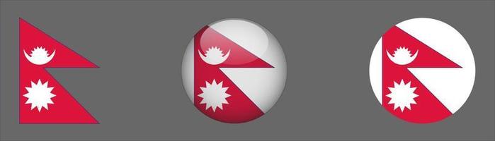 nepal flagg set samling, original storleksförhållande, 3d rundad och platt rundad. vektor