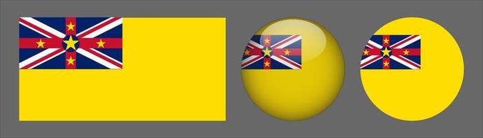 niue flag set collection, original größenverhältnis, 3d gerundet und flach gerundet. vektor