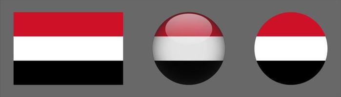 yemen flagg set samling, original storleksförhållande, 3d rundad, platt rundad. vektor