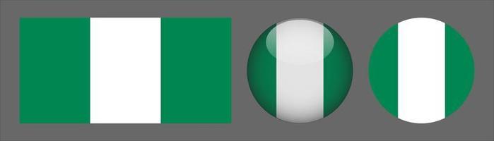 nigeria flag set collection, original größenverhältnis, 3d gerundet und flach gerundet. vektor