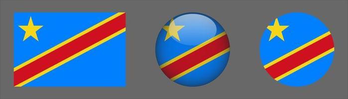 Demokratische Republik Kongo Flaggenset Sammlung, Originalgrößenverhältnis, 3D abgerundet und flach abgerundet vektor