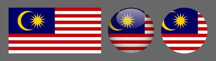 malaysia flag set collection, original größenverhältnis, 3d gerundet und flach gerundet. vektor