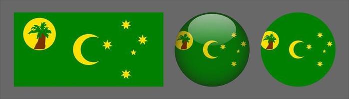 cocos eller Keling Islands flaggsetsamling, originalstorleksförhållande, 3d rundad och platt rundad vektor