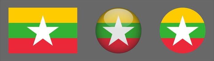 myanmar flagguppsättningssamling, originalstorleksförhållande, 3d rundad och platt rundad. vektor