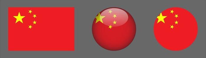 Kina flagg set samling, original storleksförhållande, 3d rundad och platt rundad vektor