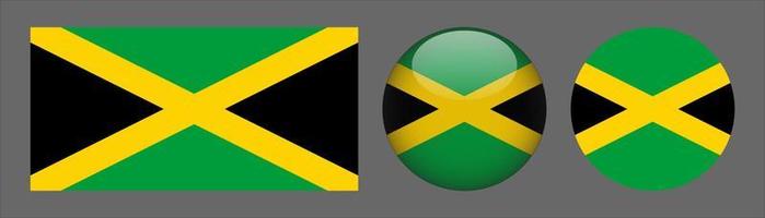 jamaica flagg set samling, original storleksförhållande, 3d rundad och platt rundad vektor