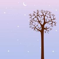 blaue und violette Landschaft mit Silhouetten von trockenen Bäumen, Ästen, Mond und Sternen am Himmel. Hintergrundvektorillustration für Grußkarten, Poster, Naturthemen und Tapeten.
