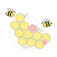 Vektor - süße Biene mit Bienenwabe, rosa Blume und grünen Blättern. Cartoon-Stil. kann für Druck, Aufkleber, Logo, Werbung verwendet werden.