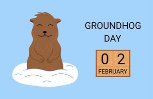 groundhog day 2 februari. söt tecknad glad groundhog tittar ut ur hålan. gratulationskort, affisch, banner. platt vektorillustration med text och trä datumkalender vektor