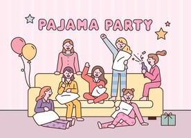 Süße kleine Mädchen haben eine Pyjama-Party, während sie auf dem Sofa sitzen. vektor