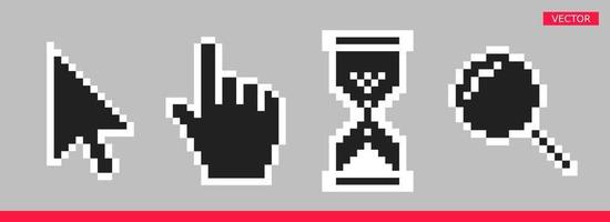 Schwarz-Weiß-Pfeil, Hand, Lupe und Sanduhr-Pixel-Maus-Cursor-Symbole Vektor-Illustration-Set. vektor