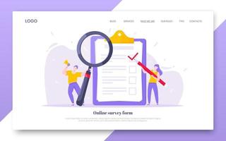 Online-Umfrageformular Geschäftskonzept mit winzigen Leuten mit Megaphon, Bleistift in der Nähe der riesigen Zwischenablage, komplette Checkliste. vektor