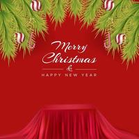 Frohe Weihnachtsgrußkarte mit einem in weichem roten Stoff gepolsterten Podest vektor